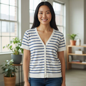 Chaps Cardigan Sweater Womens Medium Striped Short Sleeve Pockets‎ Closet Staple